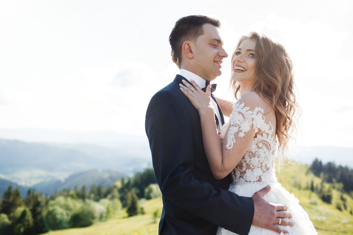 Wedding couple. Beautiful wedding couple in the mountains.